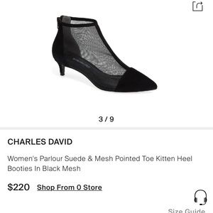 Charles David
Black Women's Parlour Suede & Mesh
Pointed Toe Kitten Heel Booties